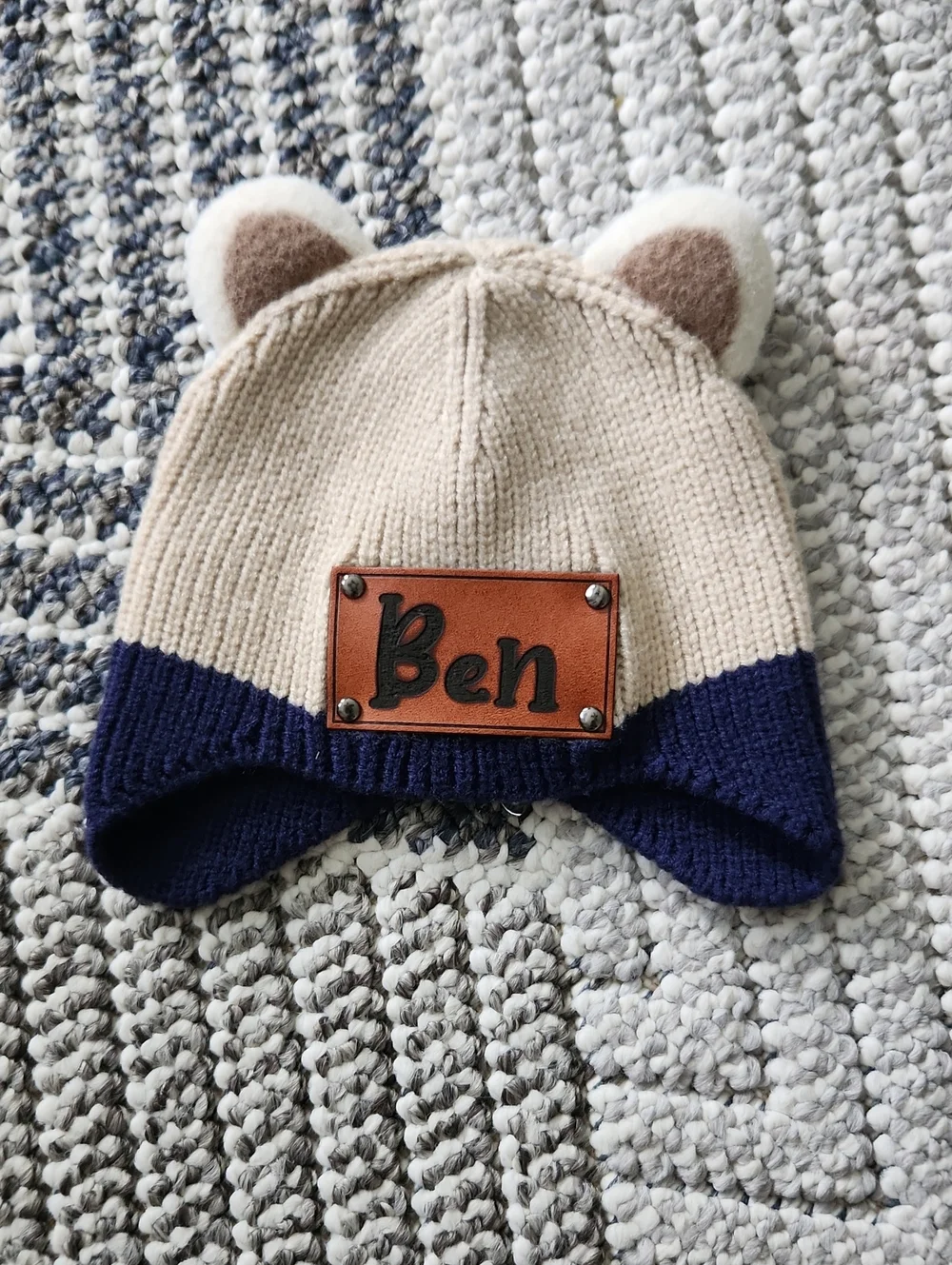 Kids Bear-Ear Knit Hat with Ben Name Patch - Beige and Navy